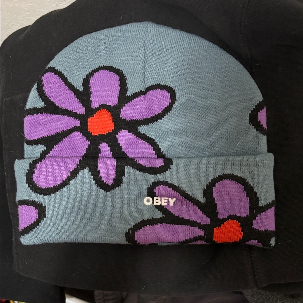 Obey Beanie with Purple and Red Floral Design